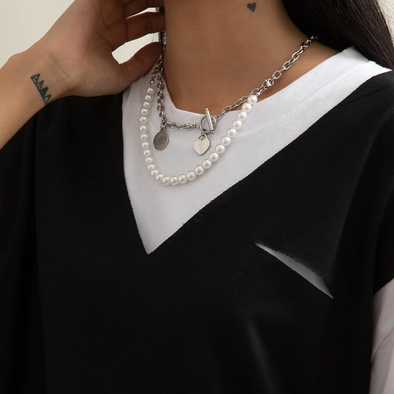 POTCET Unisex Stainless Steel Pearl Letter Heart Shaped Titanium Steel Necklace Pendant Geometric Fashion Hip Hop Party Jewelry