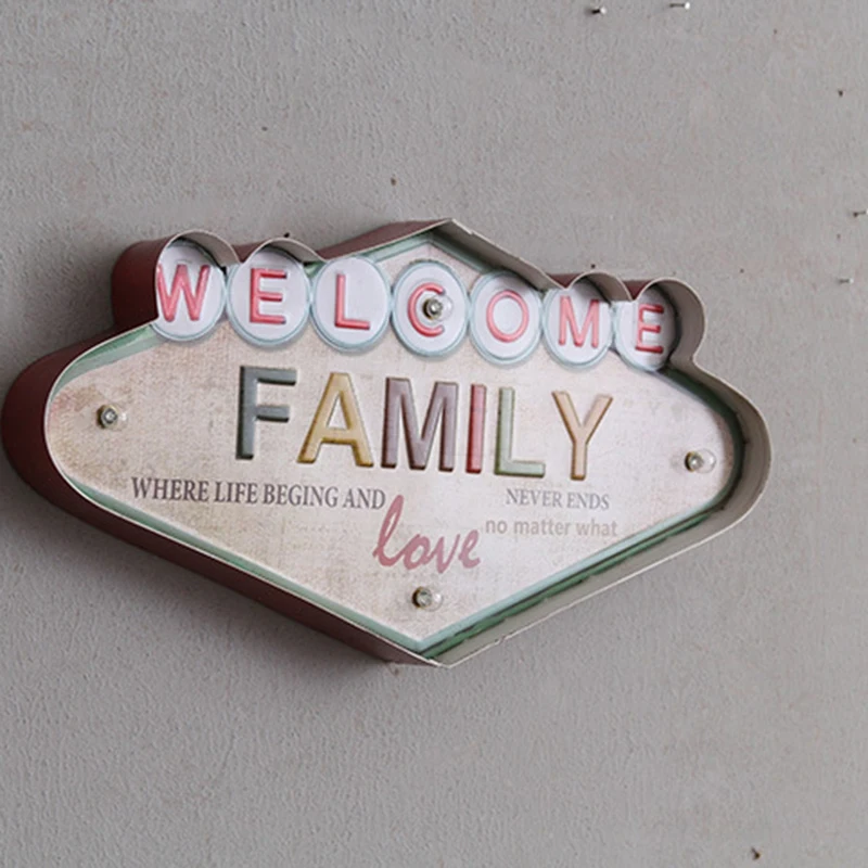 Retro Wrought Iron Led Lamp Bar Mural Family Letters Wall Hanging Decorations Tin Painting |
