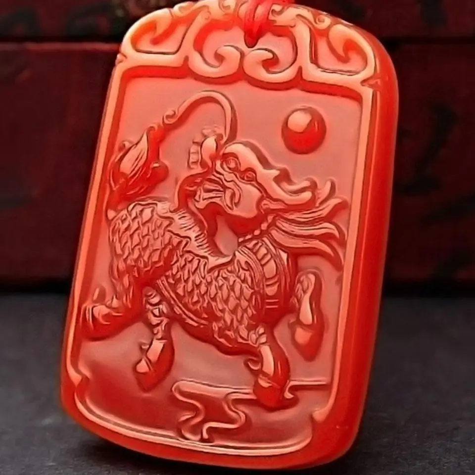 

Natural Red Agate Fire Unicorn Pendant Ice Seed Chalcedony Unicorn Necklace Pendant for Men and Women