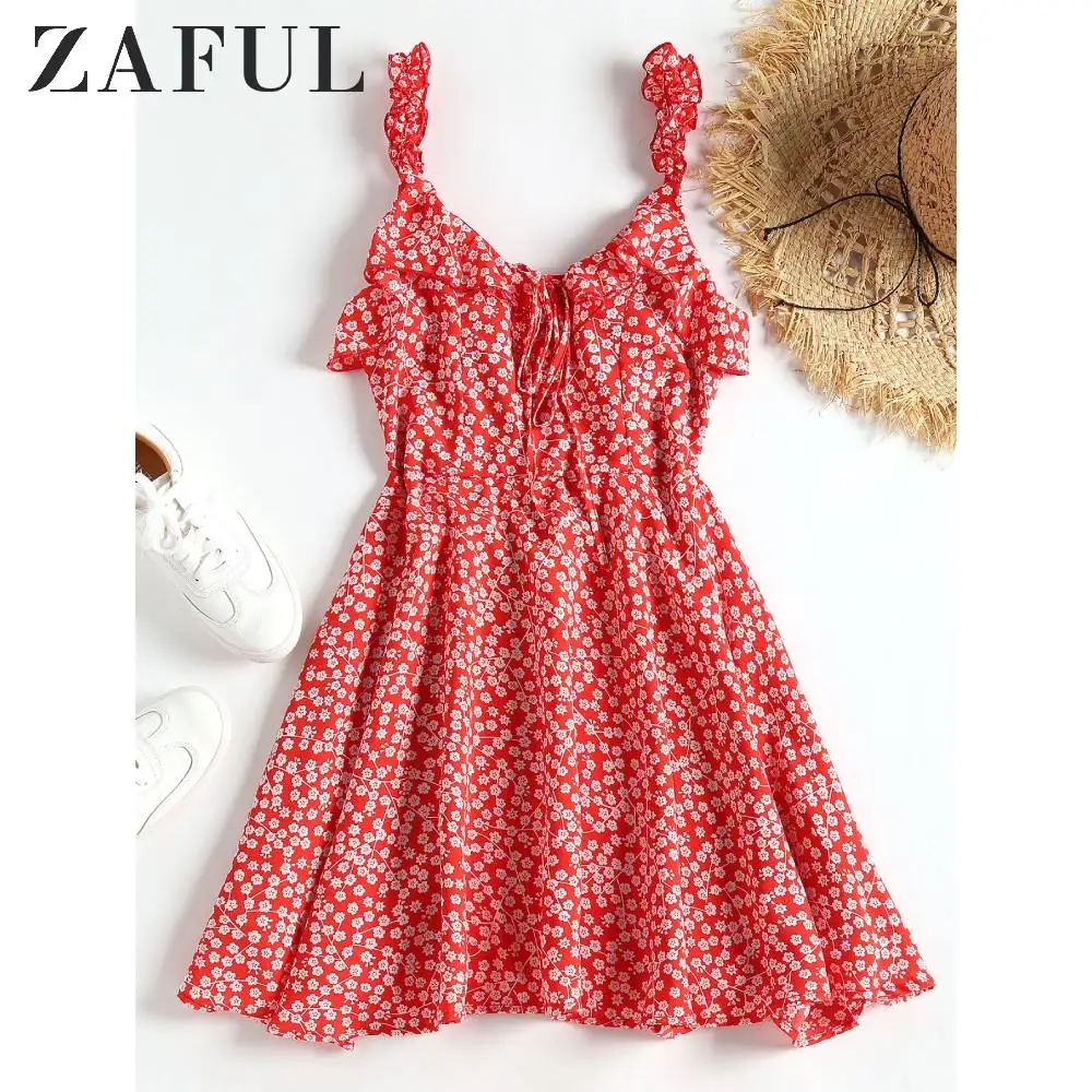 ZAFUL Назад Молния Крошечные Цветочные Оборки Мини-Платье Сладкие Причинные