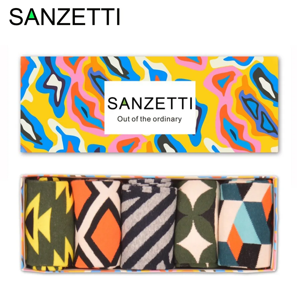 SANZETTI 5 пара/лот Подарочная коробка Забавный Для мужчин; хлопок экипажа бренд скейтборд носки красочные Новинка Платье Повседневное дизайнерские носки