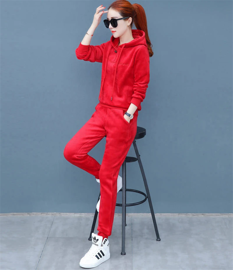 Matching Sets Autumn Plus Size Casual Loose Velvet Tracksuits 2 Pieces Set Women High Elastic Hooded Sweatshirts And Harem Pants