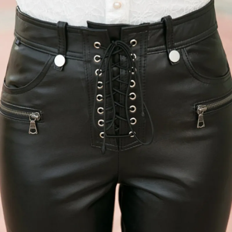 

Real 100% Sheepskin Leather Pants Women Streetwear High Waist Ankle-Length Pencil Pants Fashion Sweet Ladies Slim Black Pants