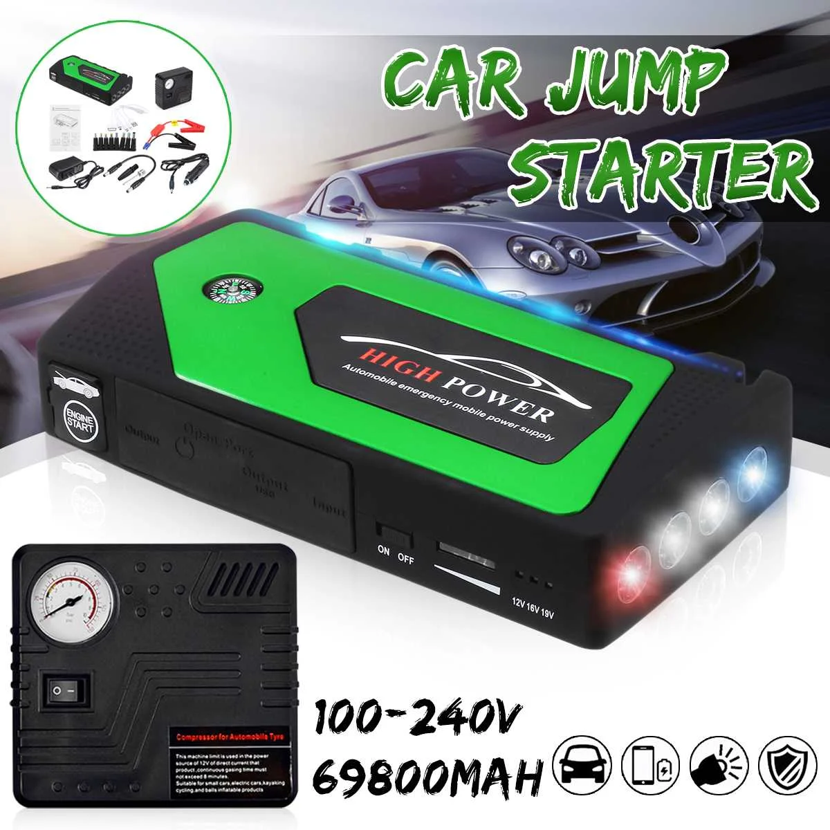 

68800mAh Car Jump Starter 12V Multi-Function Power Bank LED Light Portable Auto Jump Starter Emergency With Inflator