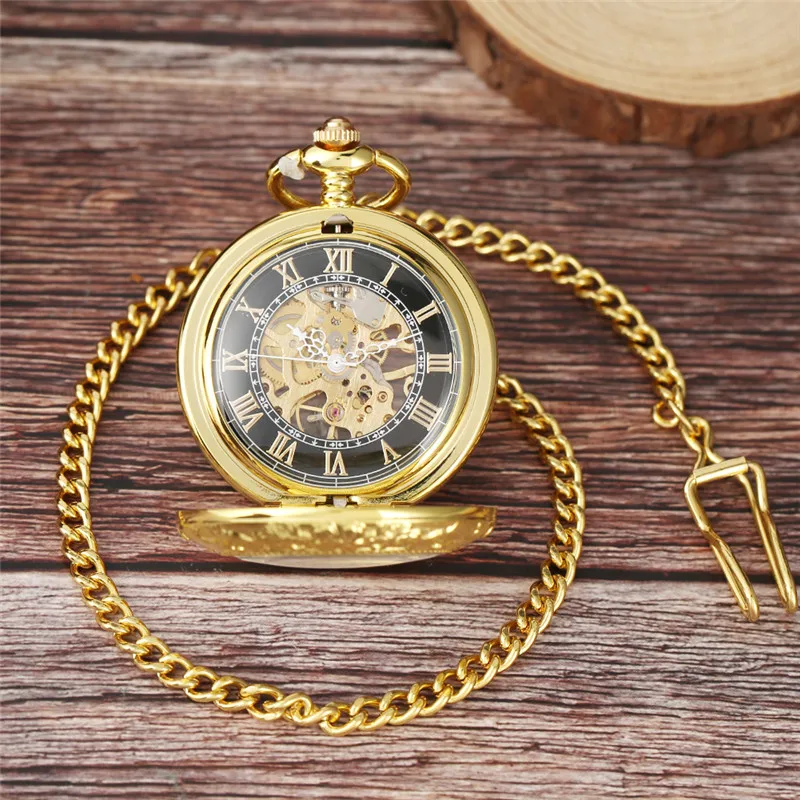 Luxury Gold Transparent Glass Unisex Hand-winding Mechanical Pocket Watch Roman Numerals Skeleton Pendant Clock with Fob Chain