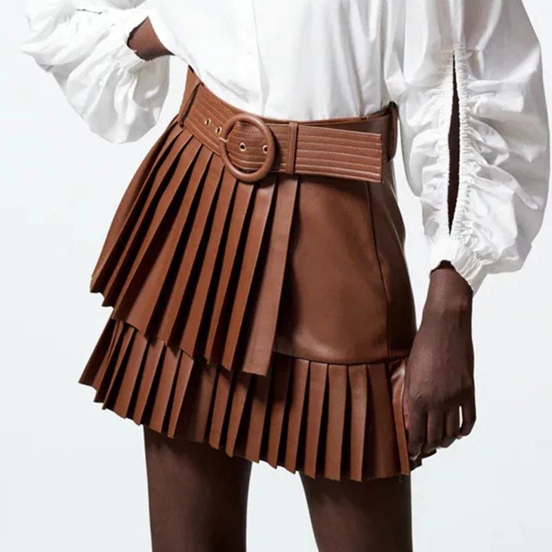 

ZA PU Leather Skirt Women 2021 Autumn New Sexy High Waist Bodycon Mini Street Pleated Belt Skirt Faux Leather Club