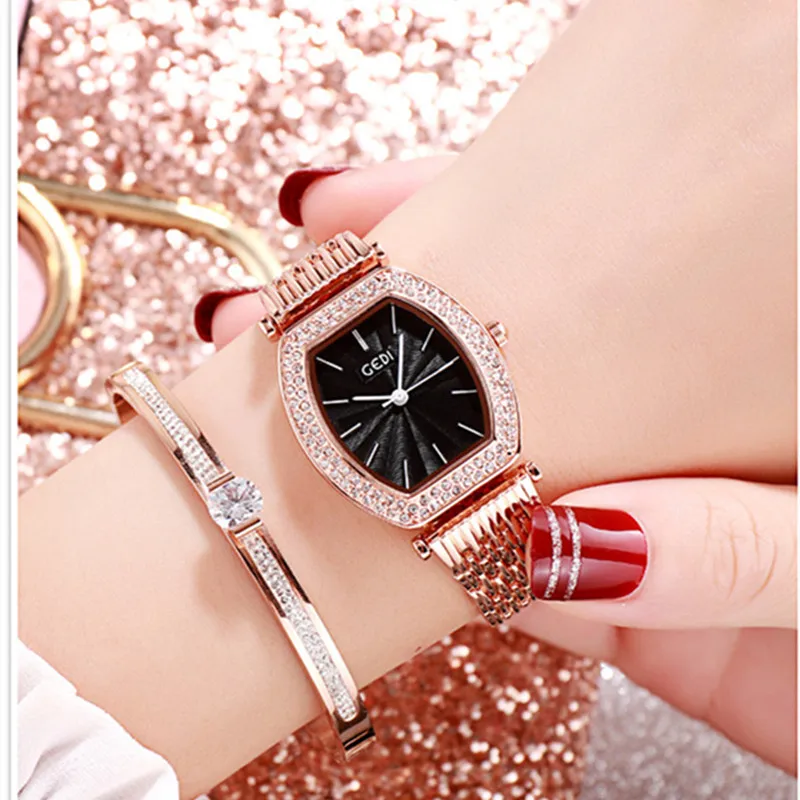 Новинка женские кварцевые часы Tonneau розовое золото кристалл бриллиант браслет