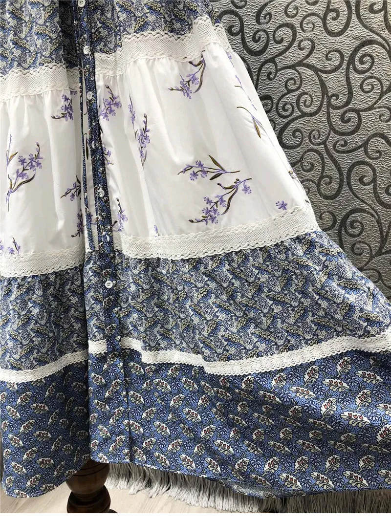 

Cotton High Quality Dress 2021 Spring Summer Clothing Women Vintage Floral Print Lace Patchwork Mid-Calf Casual Long Shirt Dress