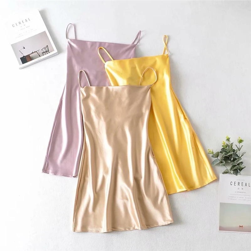 Vintage chic women sleeveless beach strapless mini dresses Ladies Summer satin happie dress vestidos