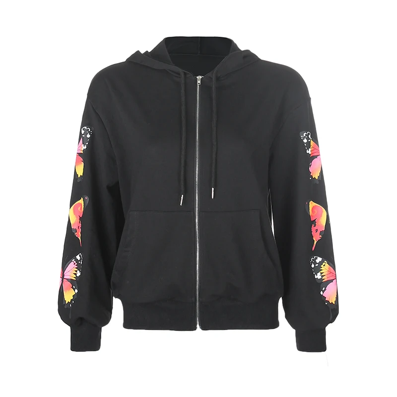 

OneLineFox Autumn Hooded Casual Sweat Coat Women Butterfly Print Long Sleeve Jacket Zipper Winter Overcoat Ladies Streetwewear
