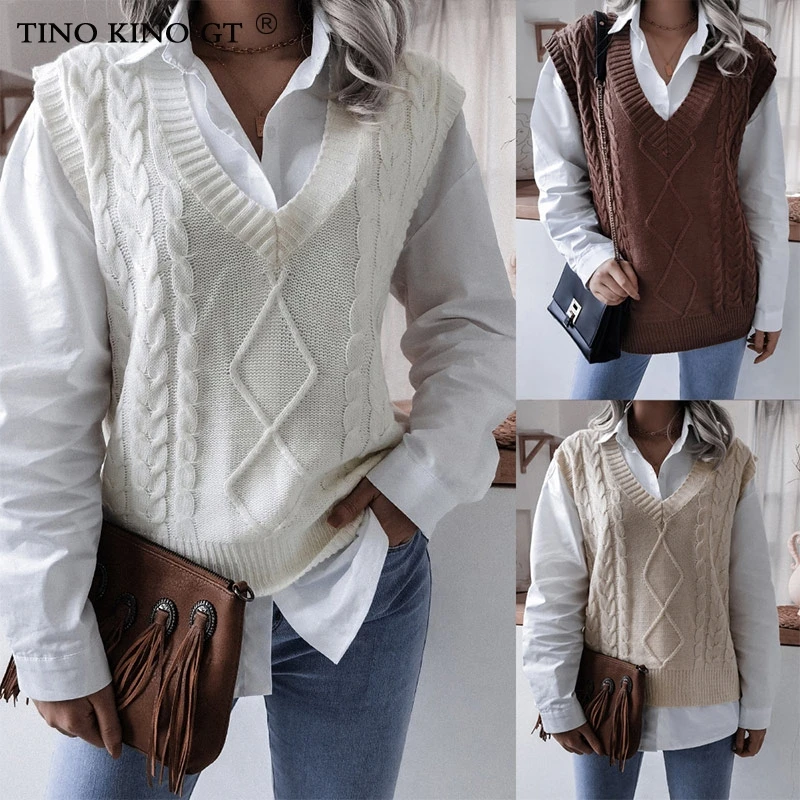 

Women's Twisted Knitted Sweater Vest Solid Casual V-neck Sleeveless All-match Female Tops Autumn 2021 Fashion Office Lady Vests