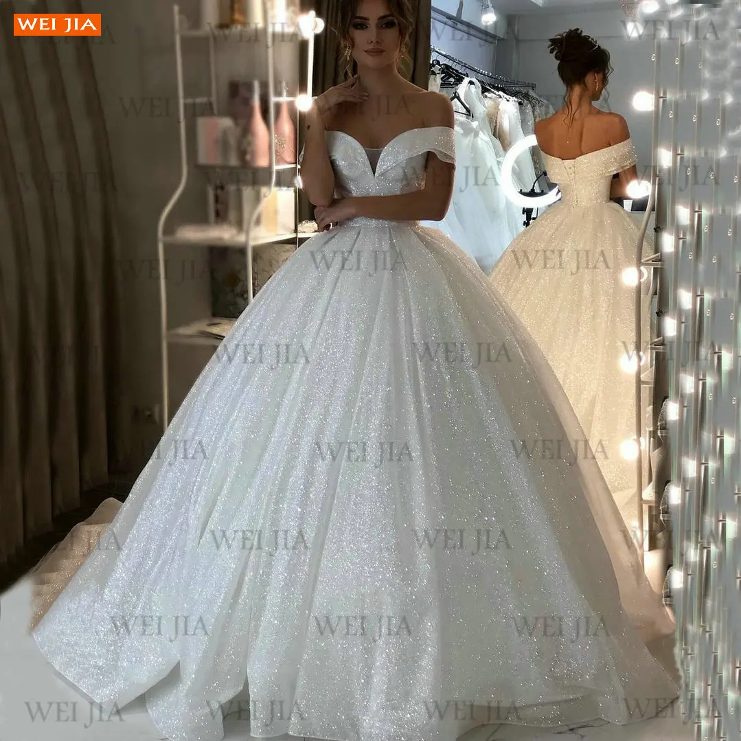 Shiny White Wedding Dresses Lace Up Reflective 2021 Vestido De Noiva Off Shoulder Women Bridal Gowns Customized Suknia Slubna