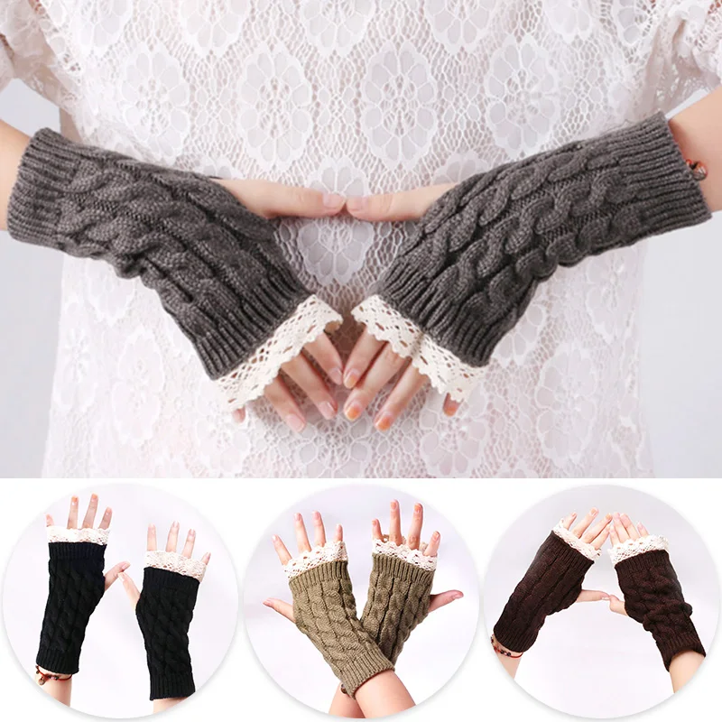 

Beautiful Lace Extended Wrist Protector Winter Lady Warm Wool Knitted Half-Finger Gloves Fashion Women Soft Fingerless Mittens