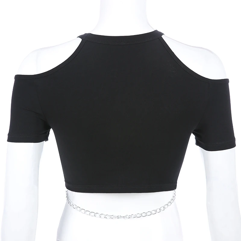 

Women Hollow Out Black Metal Chain Patchwork T Shirt Summer Cropped Streetwear T-shirt Women Bodycon Crop Top