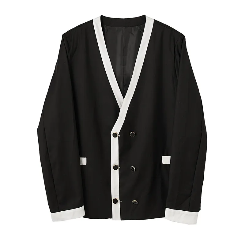 

Kpop Men's Casual Blazer Jacket Black White Patchwork Contrast Color Double Breasted Loose Suit Coat Spring Autumn Fashion Tops