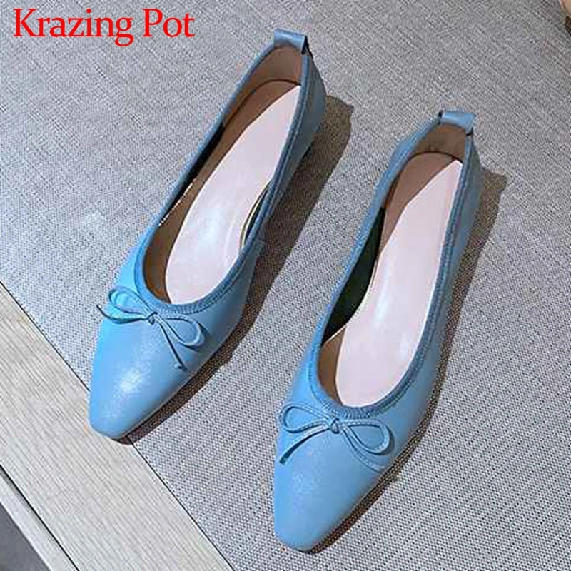 

Krazing Pot sweet solid bowtie ladies shoes genuine leather slip on loafers square toe low heels beauty lady basic pumps L7f2