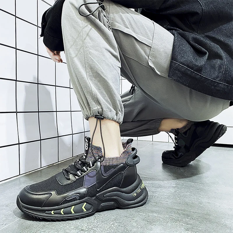 

2021 Summer The New Men's Mesh Breathable Walking Jogging Shoes Lace-up Soft Bottom Sneakers Rubber Trend Height Lncreasing