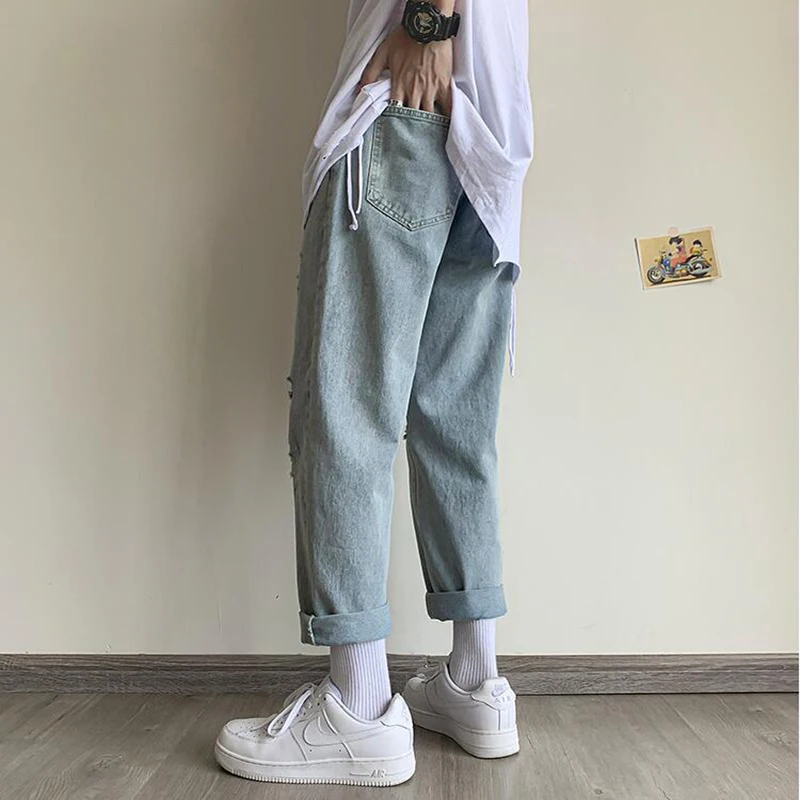 

Men's Summer Fashion Brand Straight Tube Hole Washed Jeans Men's Korean Youth Wide Leg Casual Pants