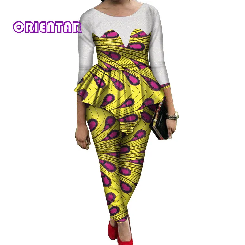 2 Pieces Sets Women African Pants Sets African Wax Print Long Sleeve Lace Tops and Pants Women Bazin Riche African Suits WY689