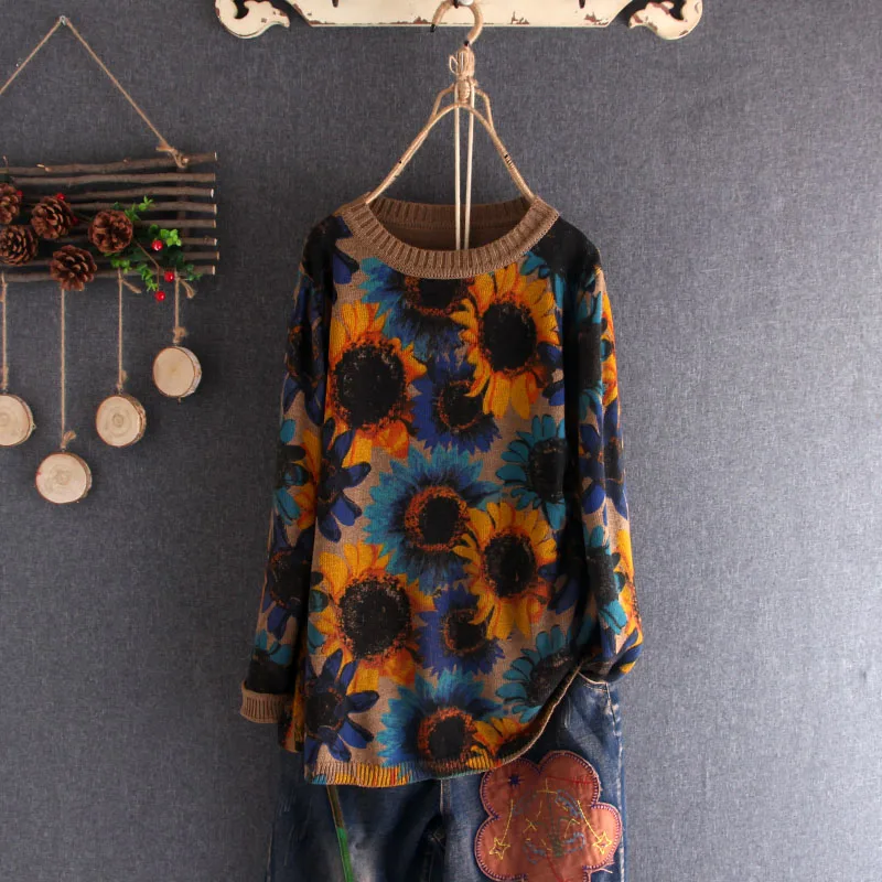 

High Quality Sunflower Print Sweaters Knited Casual Women Long Sleeve Pullover Jacket Sweater Coat Jumper Female Knitwear Tops