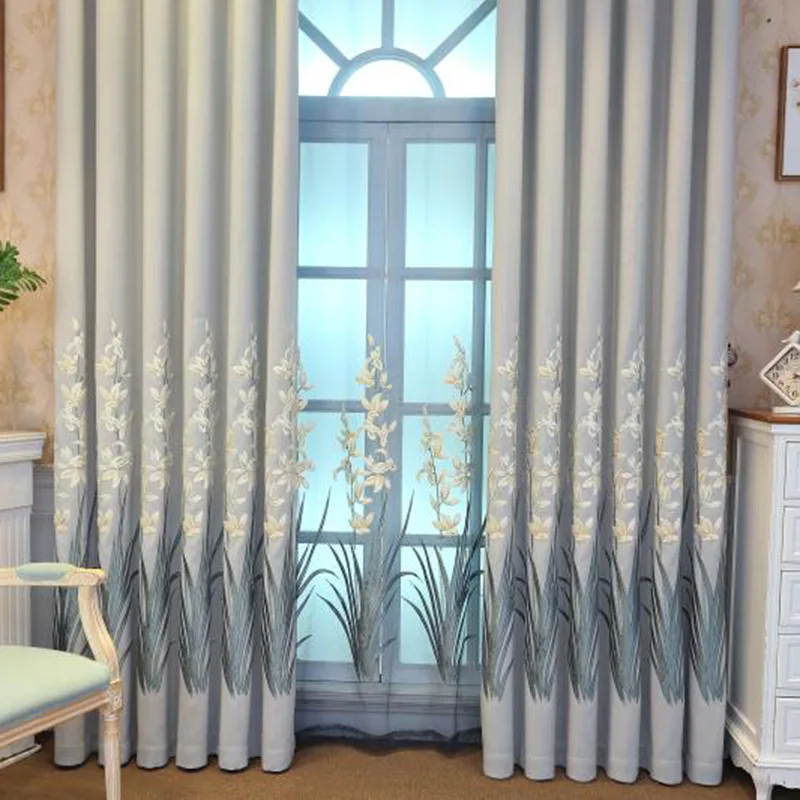 

European Laser Hemp Curtains for Living Dining Room Bedroom Flower Embroidery Blackout Curtains Tulle Fashion Voile