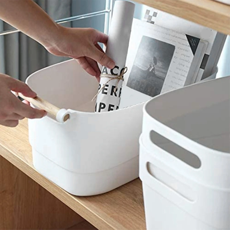 Storage Bins with Wood Handle Sleek Design - White Matte Plastic Organizer Bucket Easy to Clean Medium(2 PCS) | Дом и сад