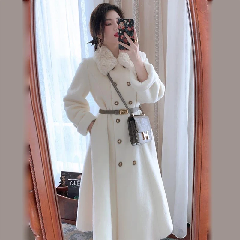 

New Korean Faux Fur Collar Wool Blend Long Coats Women Slim Double Breasted Elegant Overcoats Winter Woolen Coats With Belt