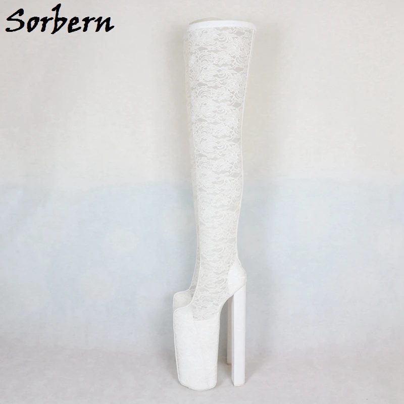 Sorbern/белые женские сапоги на очень высоком каблуке 30-32 см и толстой платформе с кружевом; Дизайнерская обувь до бедра; роскошная женская обувь; коллекция года; размеры 34-46
