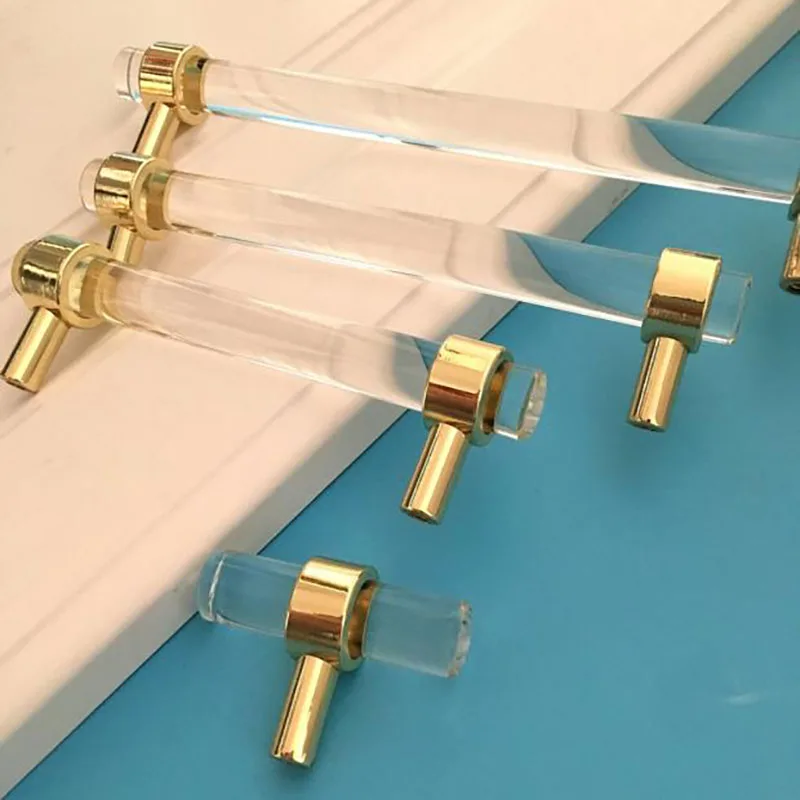 

4pcs/lot Acrylic Cabinet Handle Clear Plastic T- bar Transparent Drawer Pulls with Gold Accessory