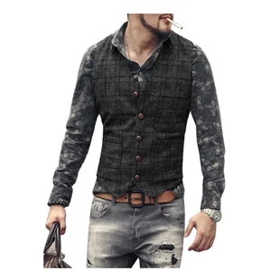 Новый клетчатый костюм, жилет для мужчин, шерстяной твидовый жилет, повседневный облегающий мужской жилет для свадьбы