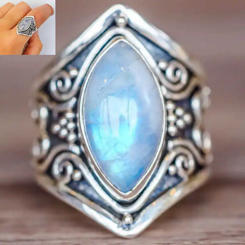 

Vintage Tibetan Big Healing Crystal Rings For Women Boho Antique Indian Moonstone Ring Fine Jewelry Girls Ladies Gifts