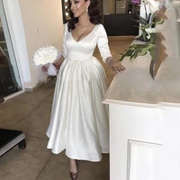 myyble v neck short wedding dress 34 long sleeve white ivory satin a line ankle length bride gowns backless beach wedding gown