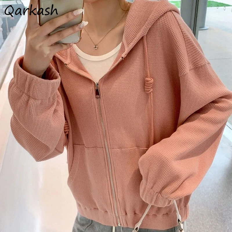 

Women Basic Jackets Hooded Waffle Loose Solid Pockets Daily Soft Outwear Teenagers Zipper Fashion Leisure Females Ulzzang Chic