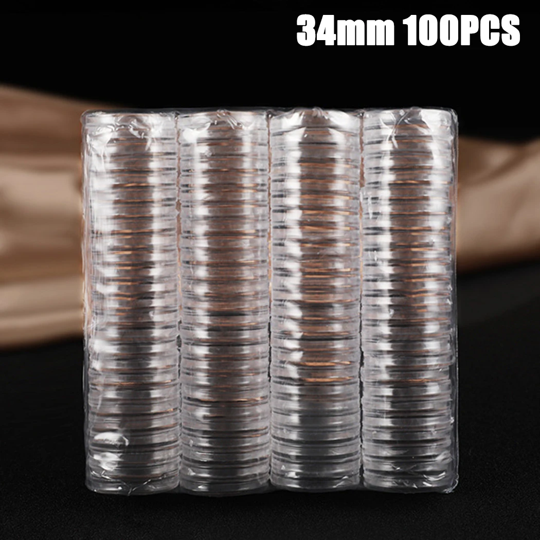 

100Pcs 34mm Coin Cases Capsules Holder Applied Clear Plastic Round Storage Boxes Sealed Against Moisture