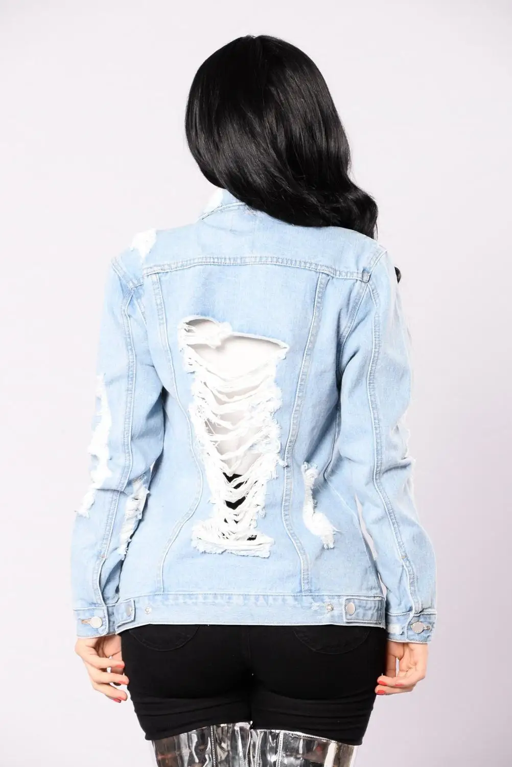

Plus size M-5XL woman Ripped denim jacket fashion casual long sleeve jeans coat jacket street casual spring and autumn clothing