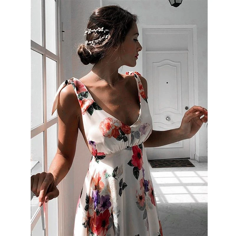 Женское сексуальное летнее платье в цветочек без рукавов с v-образным вырезом и