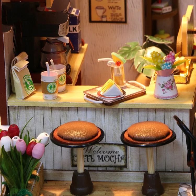 Time cafe-caba&ntilde;a de bricolaje creativa, juguete de regalo de cumplea&ntilde;os, modelo de mini tienda, decoraci&oacute;n, Escena de adorno peque&ntilde;o-3