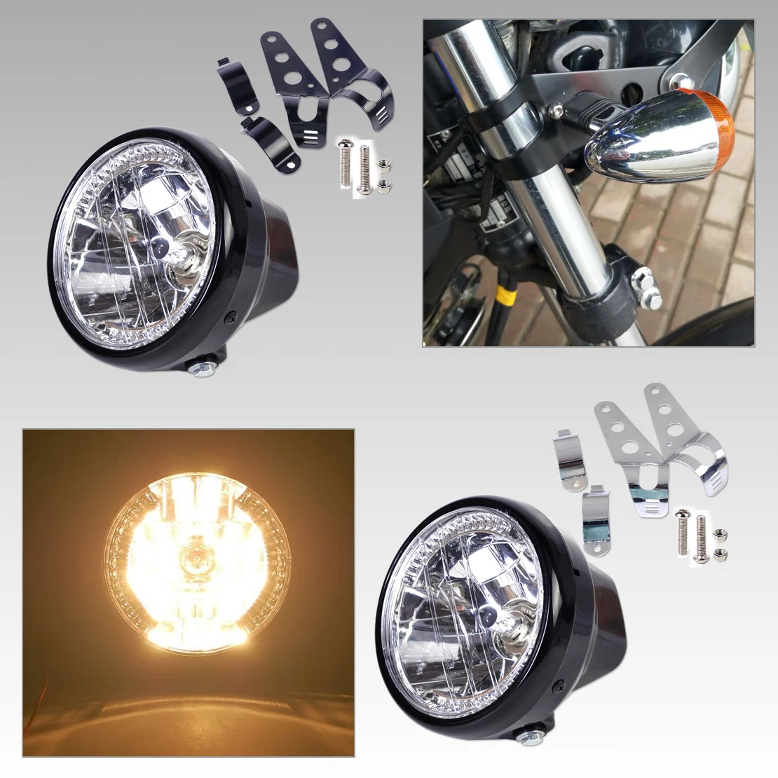 

New 7" Clear LED Headlight Halogen Turn Signal Indicators Blinker + 33-45mm Brackets for Motorcycle Harley Yamaha Honda Suzuki