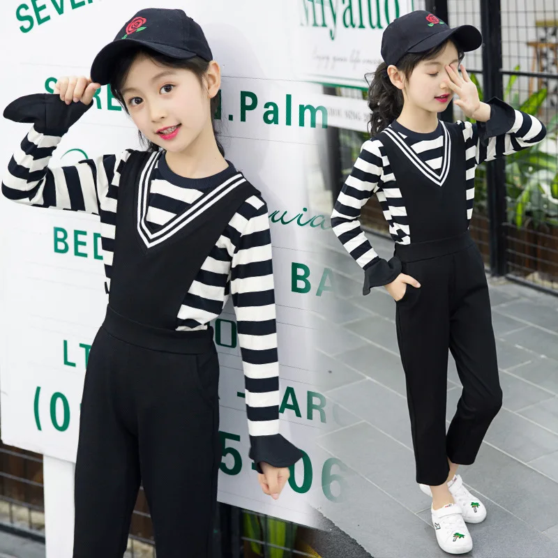 

2021 Autumn Korean Fashion Striped Sets For Girls Sweater Inside the Base Strap Pants Two Piece Children Clothes 7 9 10 12 Years