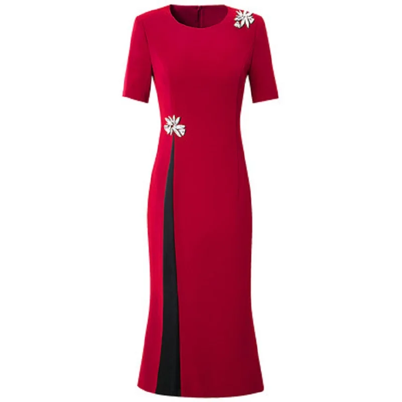 

beading 2021 new Solid dress short sleeve summer temperament goddess style contrast color stitching slim mid length skirt plus