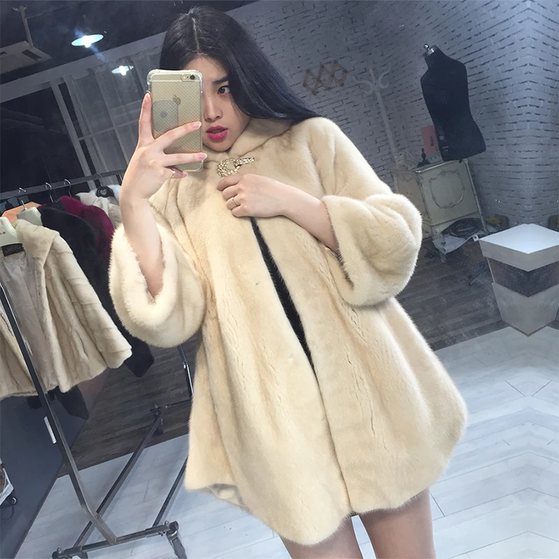 new autumn and winter Haining imported fur women's hooded tidy long section mink coat mink jacket