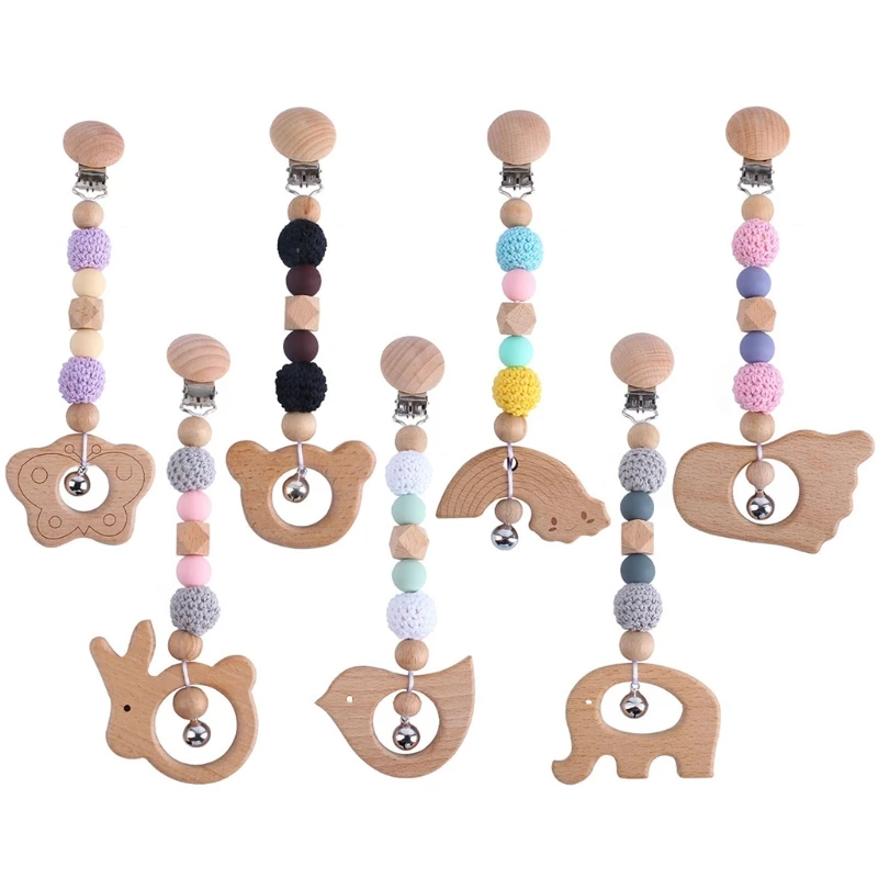 1PC Baby Teether Teething Pendant Wooden Nursing Molar Soother Pram Clip Hanging Toy Stroller Chain 