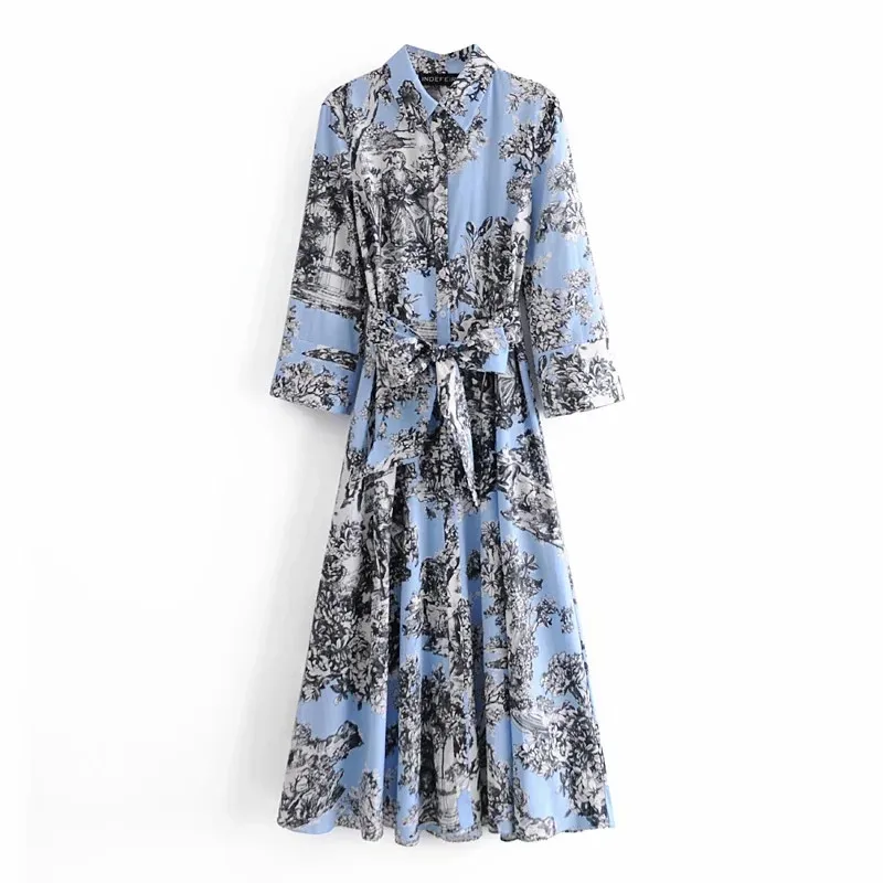 

TRAF Za Green Long Dress Women Summer 2021 Fashion Print Shirt Dress Woman Belt Button Up Midi Dresses Vintage Casual Dresses