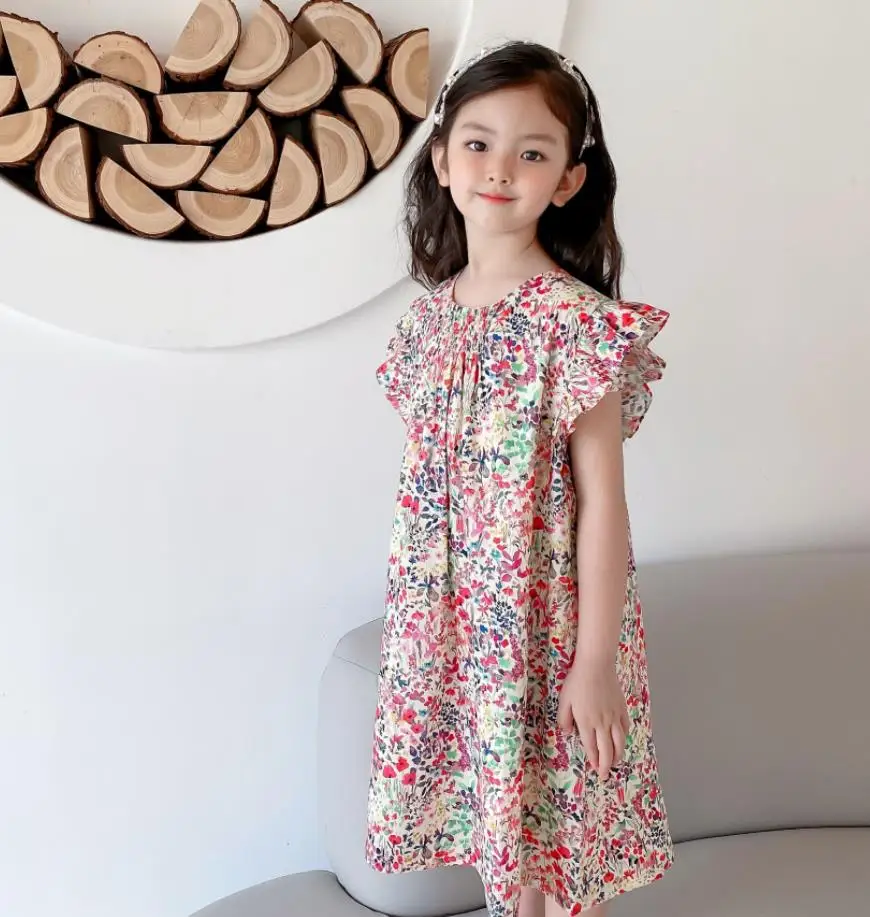 

Summer Toddler Princess Vintage Print Floral Dress Kids Handmade Smocked Short Sleeve Sweet Cute Dresses For Girl A362