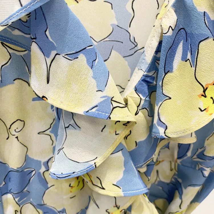 

100% Silk High Quality Women Fashion Summer Retro Elegant Asymmetric V-Neck Puff Sleeve Ruffled Pastoral Silk Printed Wrap Dress