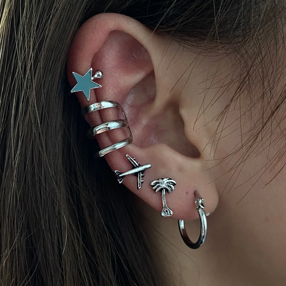 

5PCS/Set Retro Fashion Trend Metal Ear Bone Clip Combination Star Airplane Coconut Tree Earrings Party Jewelry For Women Girl