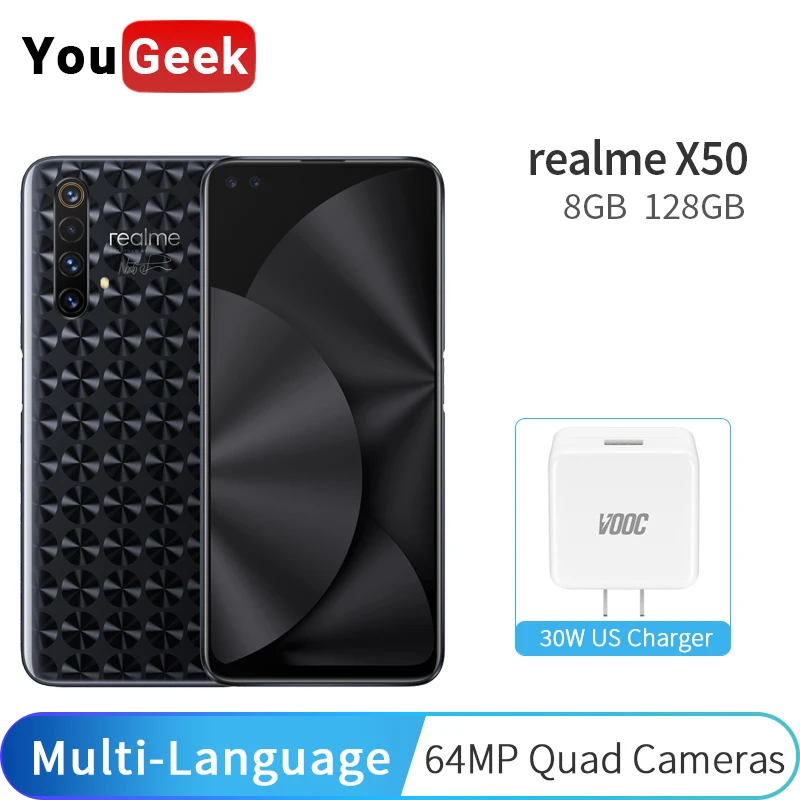 Realme X50 8GB 128GB 6 4 ''мобильный телефон Snapdragon 765G 64MP Quad camera мобильный OPPO VOOC 30W быстрое