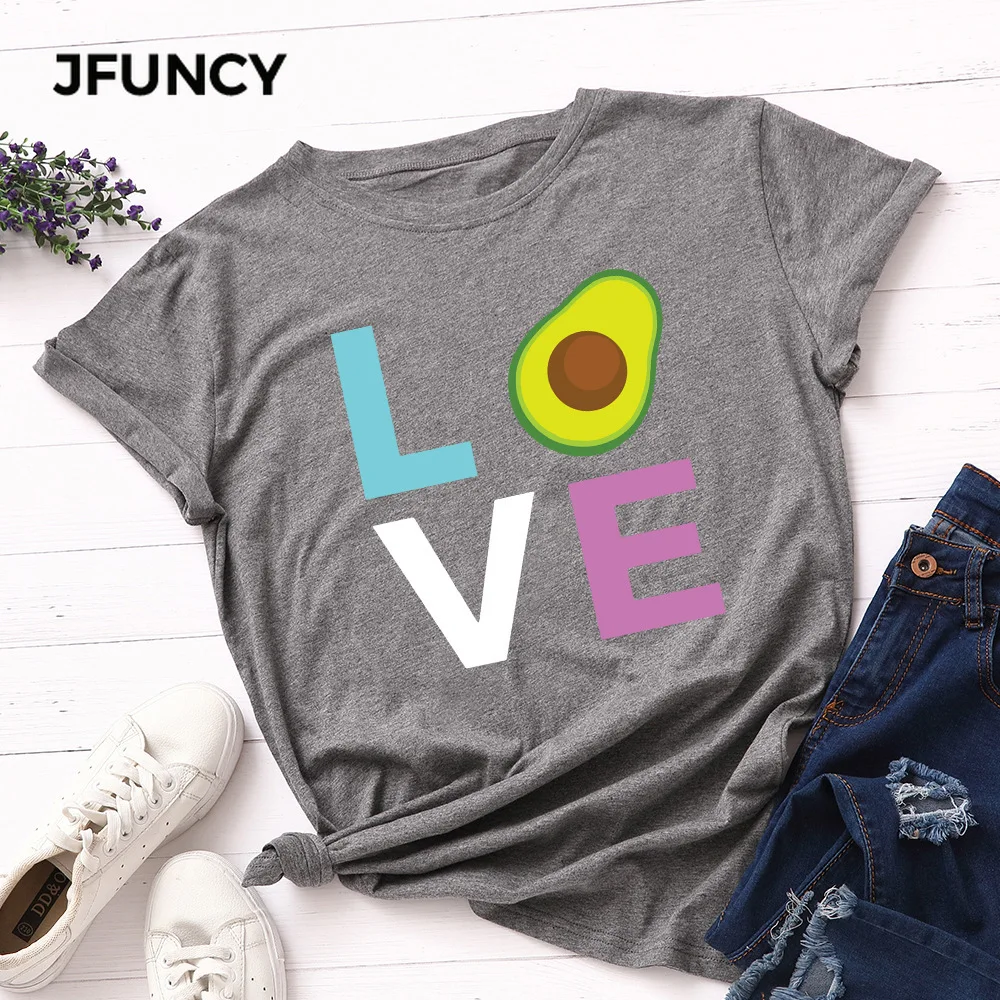 JFUNCY  Avocado Love Print T-shirt Korean Women Cotton Tshirt Summer Tees Tops Short Sleeve Woman T Shirt Female Shirts