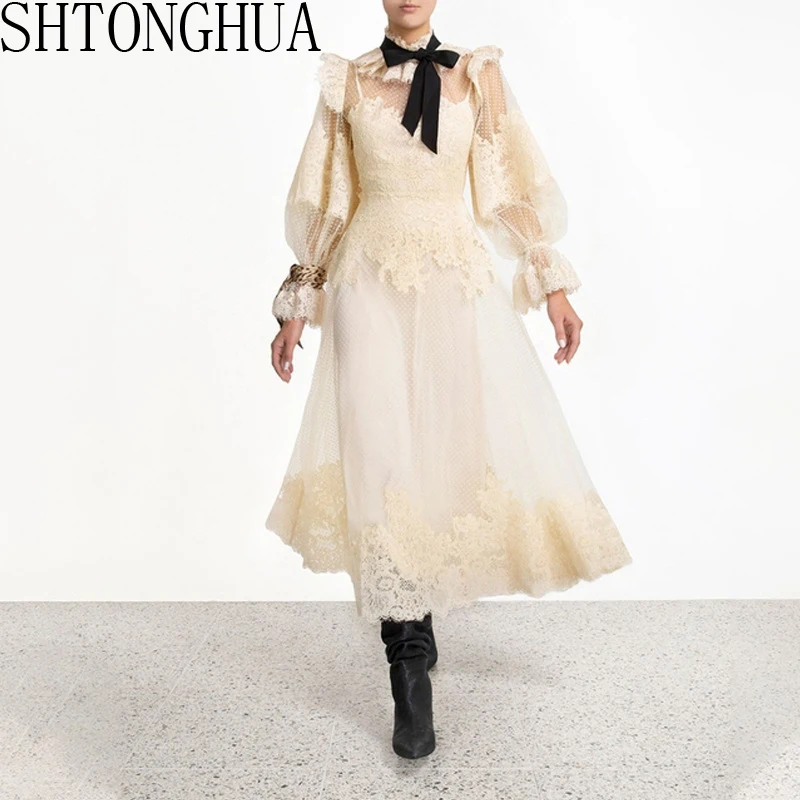 Женское осеннее длинное платье с бантом модельное Дизайнерское черное кружевное