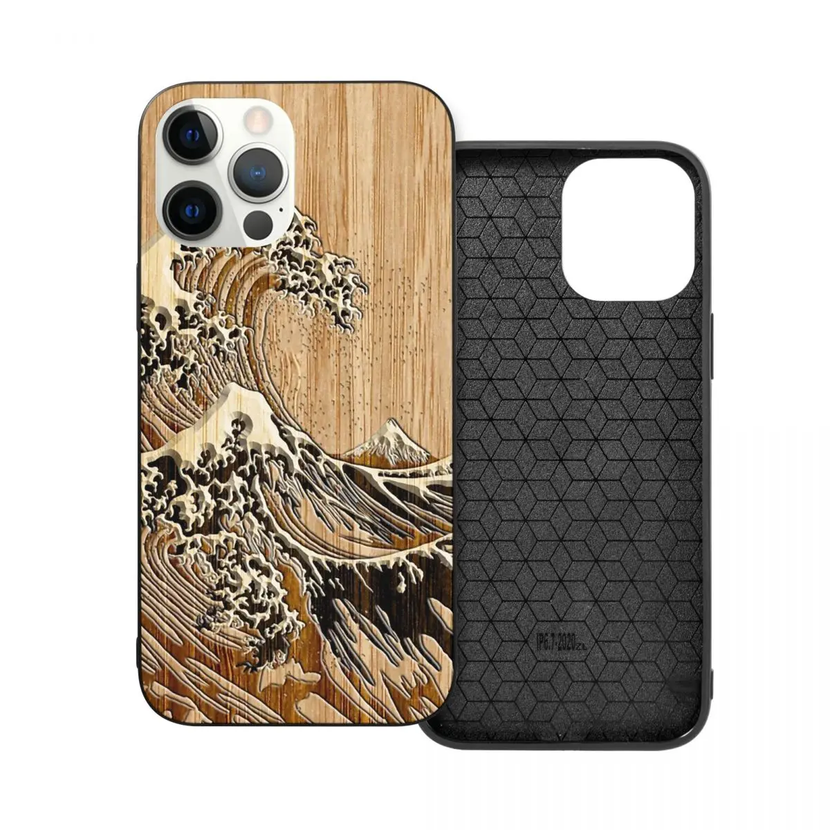 

The Great Hokusai Wave In Bamboo Inlay Style PC Glass TPU Phone Cover for iPhone 13 12 11 Xs Xr X Pro Max Mini 7 8 Se2 Plus 6 6S